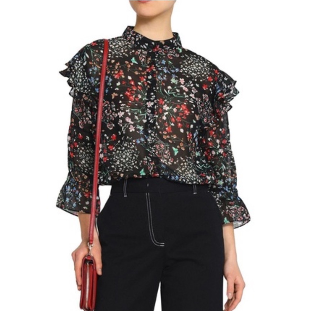 Walter Baker Sheer Floral Ruffle Blouse Black High Neck Feminine Statement Top